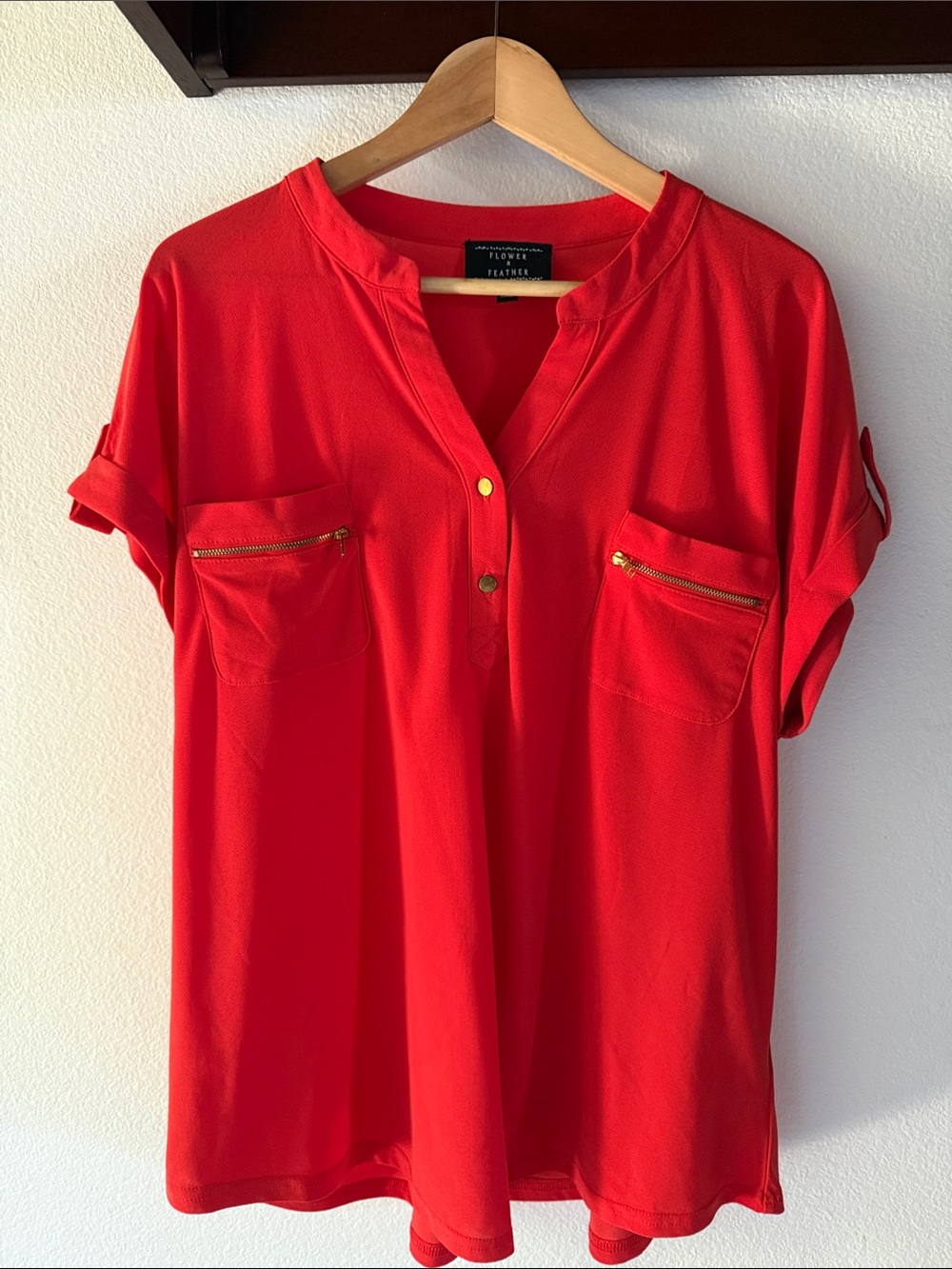 Flower & Feather Red Zip-Pocket Short Sleeve Blouse, Tab Sleeves